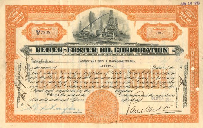 Reiter-Foster Oil Corporation - Stock Certificate