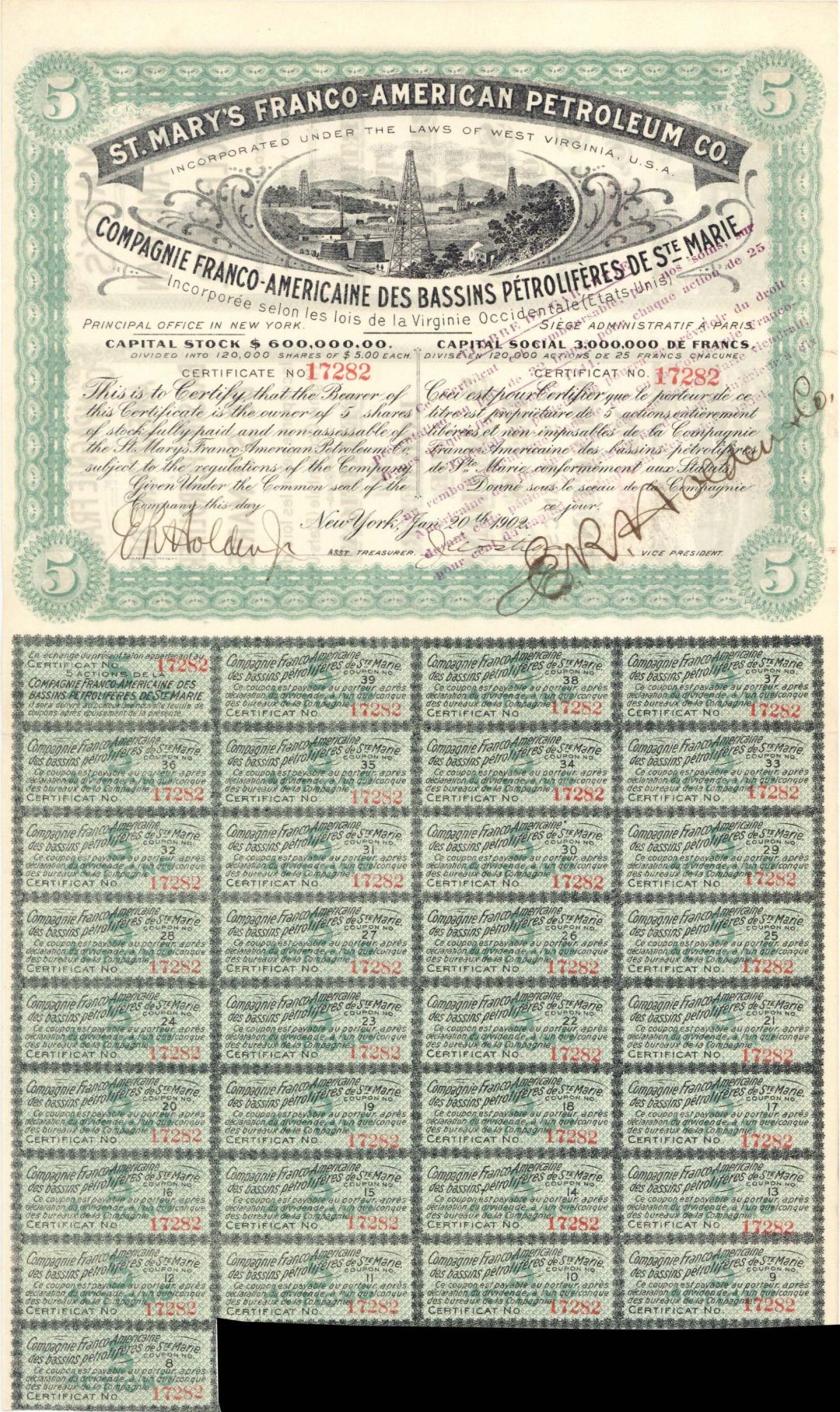 St. Mary's Franco-American Petroleum Co. - 1902 dated Stock Certificate