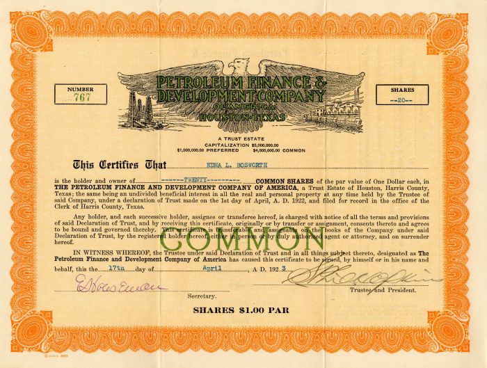 Petroleum Finance and Development Co. of America - Stock Certificate