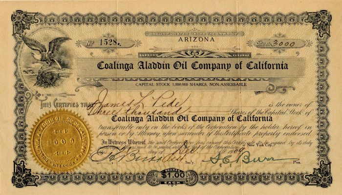 Coalinga Aladdin Oil Co. of California - Stock Certificate