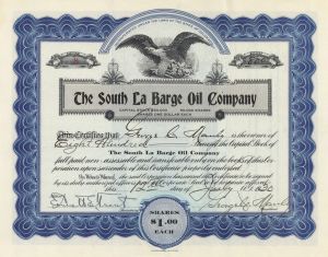 South La Barge Oil Co. - 1930 dated Colorado Stock Certificate - Maybe Connected with Standard Oil of Colorado