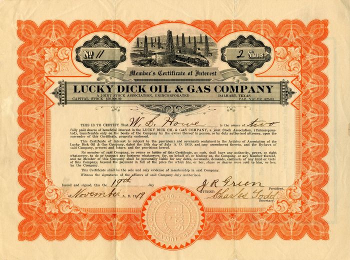 Lucky Dick Oil and Gas Co. - Stock Certificate