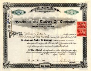 Merchants and Traders Oil Co. - 1902 or 1903 dated Stock Certificate