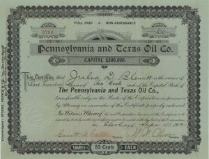 Pennsylvania and Texas Oil Co. - 1902 dated Stock Certificate