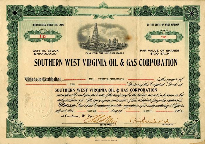 Southern West Virginia Oil and Gas Corporation - Stock Certificate