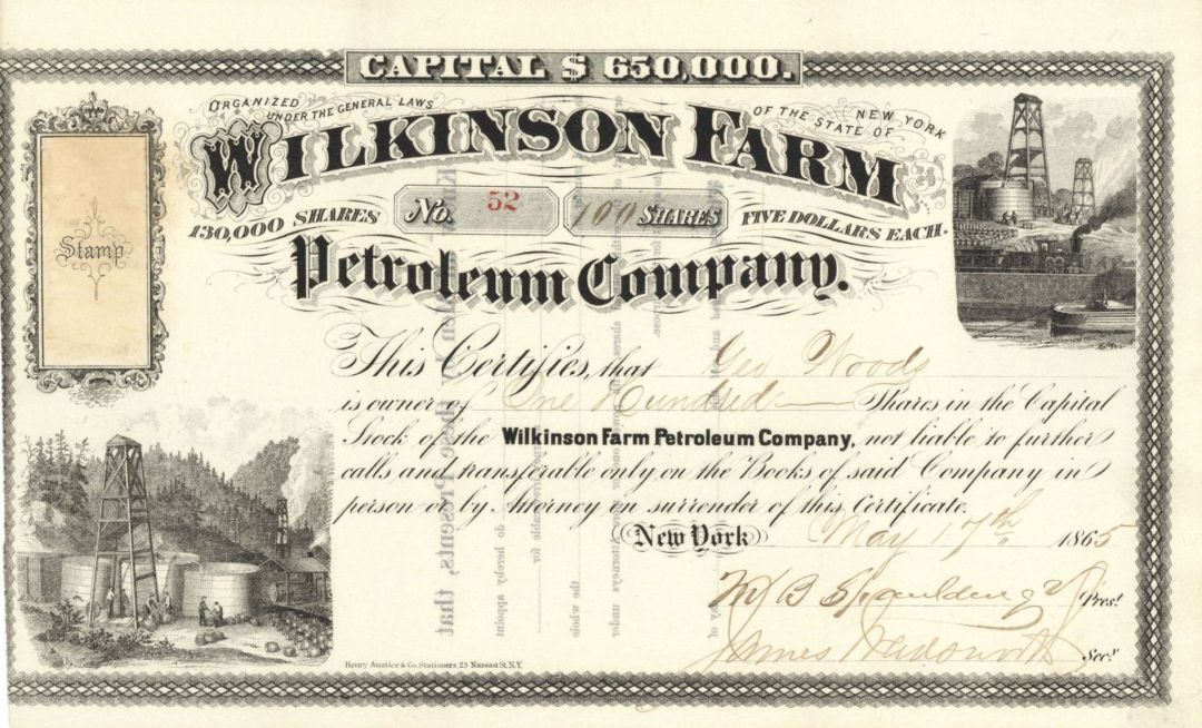 Wilkinson Farm Petroleum Co. - 1865 dated Stock Certificate