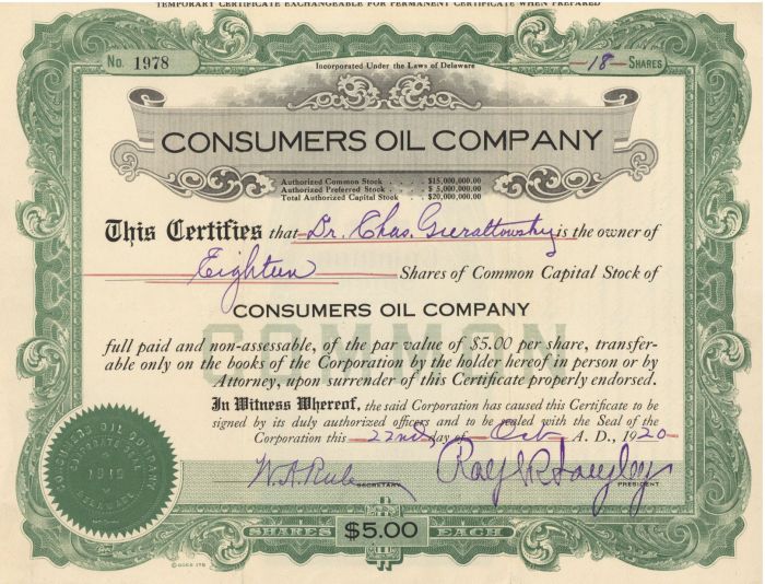 Consumers Oil Co. - Stock Certificate