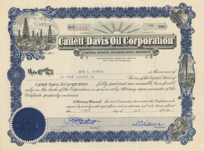 Catlett-Davis Oil Corporation - Stock Certificate