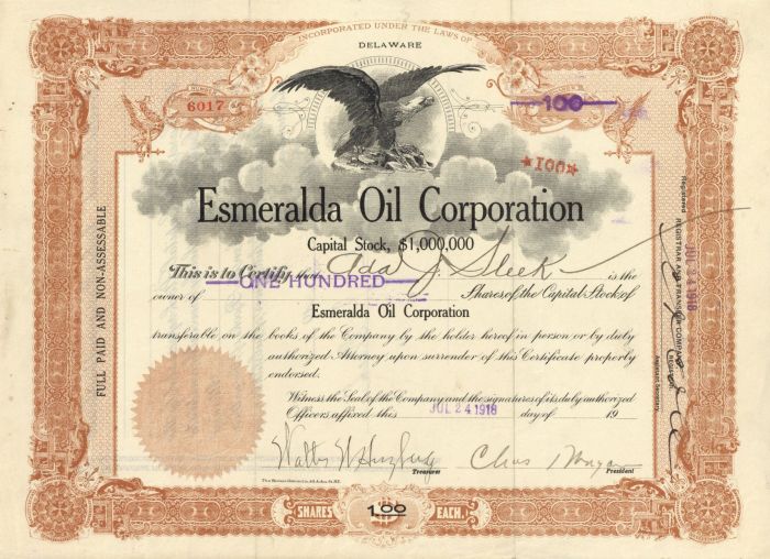 Esmeralda Oil Corporation - Stock Certificate