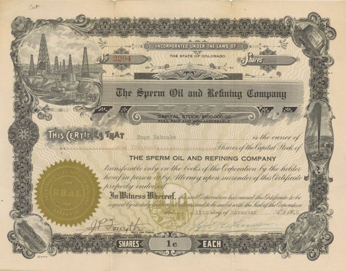 Sperm Oil and Refining Co. - Stock Certificate - Rare Topic