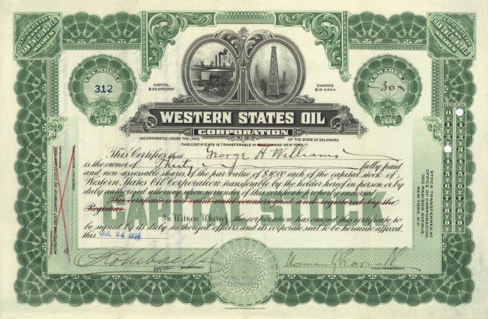 Western States Oil Corporation - Stock Certificate