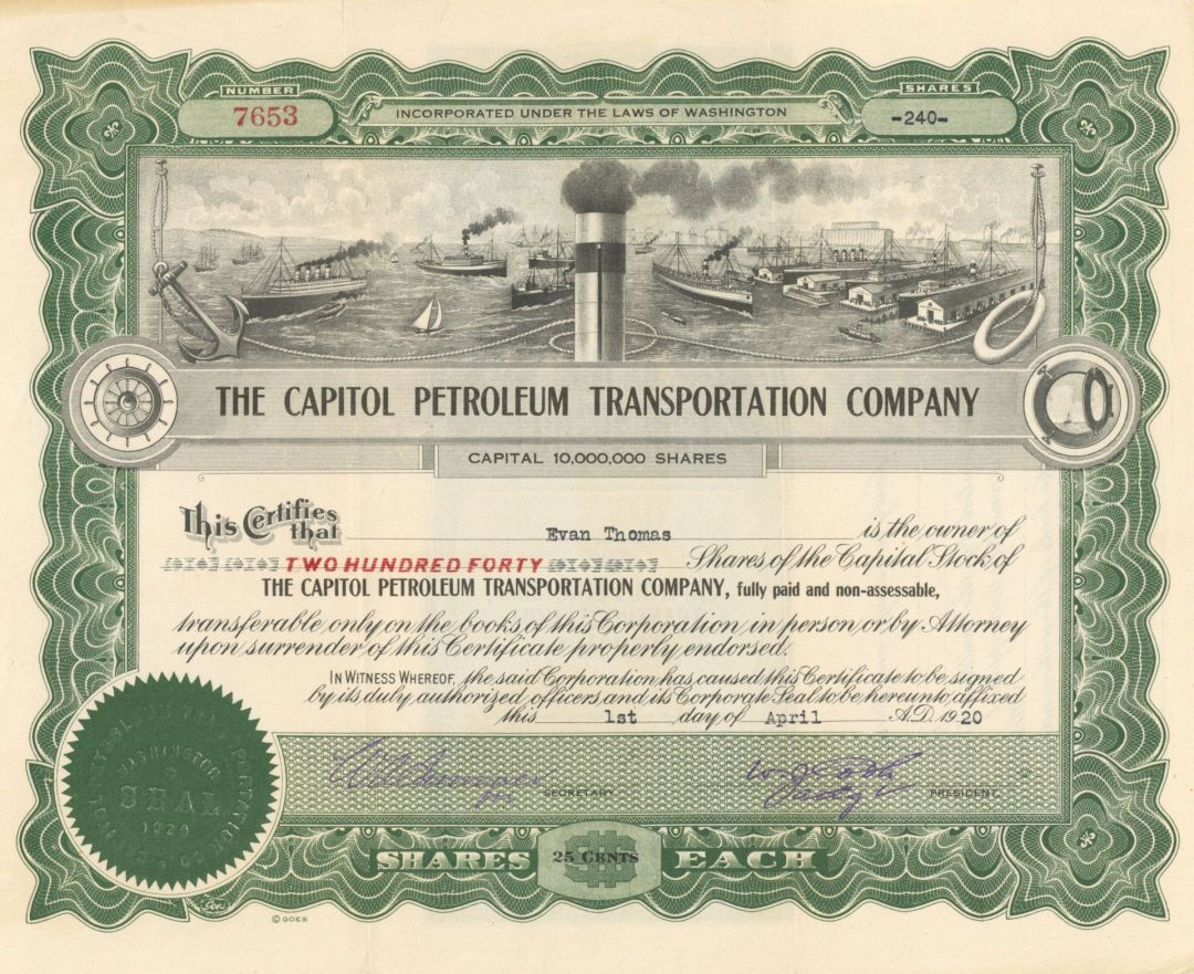 Capitol Petroleum Transportation Co. - 1920 dated Washington Oil Stock Certificate