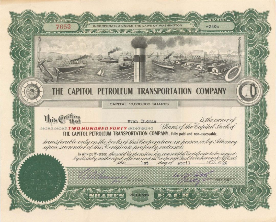 Capitol Petroleum Transportation Co. - 1920 dated Stock Certificate