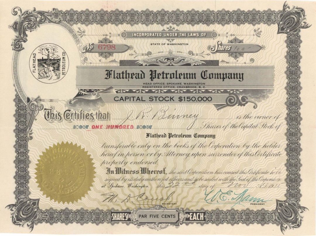 Flathead Petroleum Co. - 1915 dated Stock Certificate