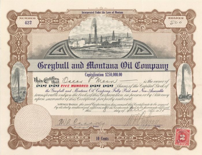 Greybull and Montana Oil Co. - Stock Certificate