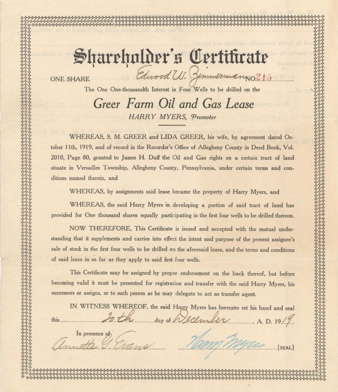 Greer Farm Oil and Gas Lease - 1919 dated Stock Certificate