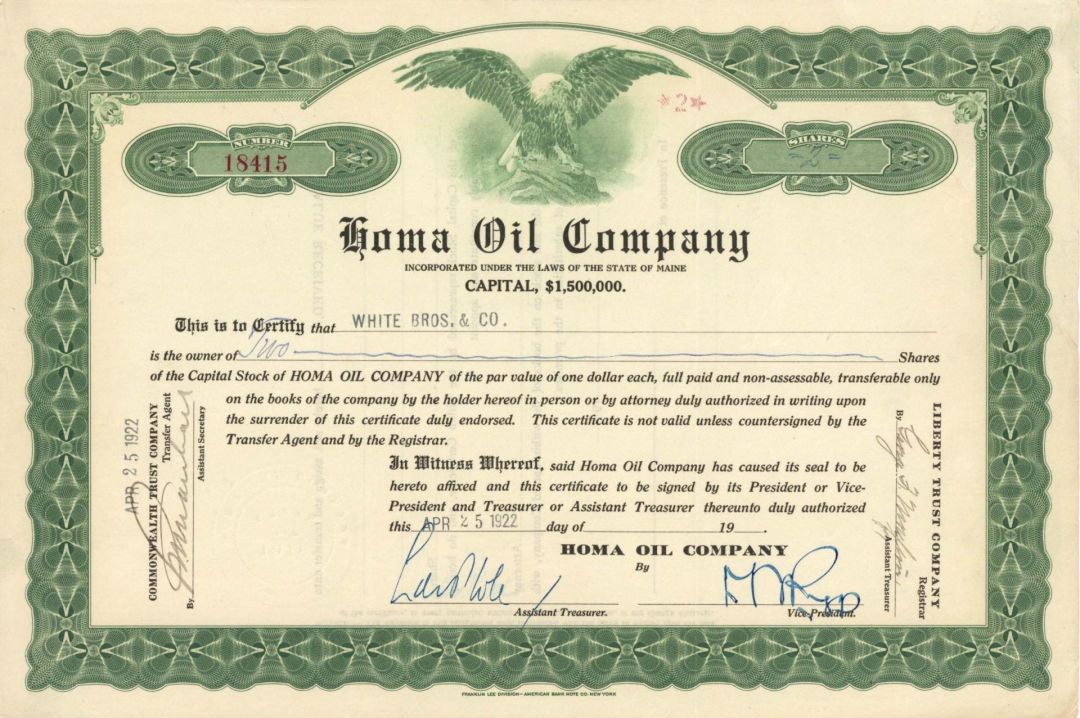 Homa Oil Co. - 1920's dated Stock Certificate