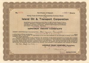 Island Oil and Transport Corp. - 1922 dated Stock Certificate