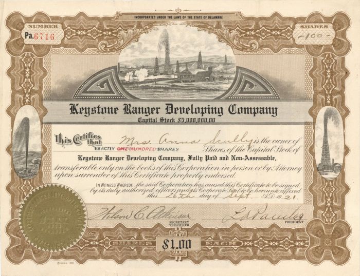 Keystone Ranger Developing Co. - Stock Certificate