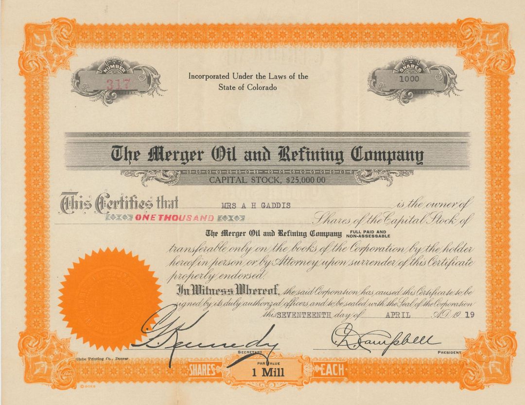 Merger Oil and Refining Co. - Stock Certificate