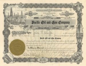 Pacific Oil and Gas Co. - 1921 dated Fresno, California Oil Stock Certificate