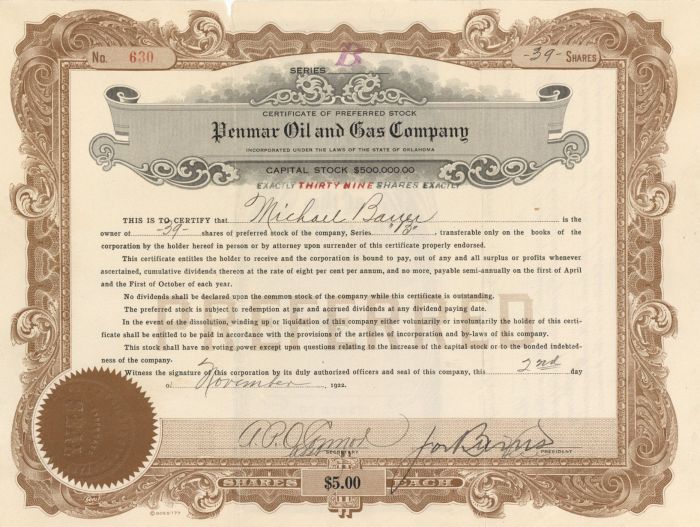 Penmar Oil and Gas Co. - Stock Certificate