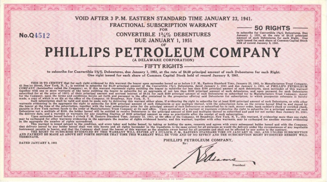 Phillips Petroleum Co. - 1941 dated Oil Stock Certificate