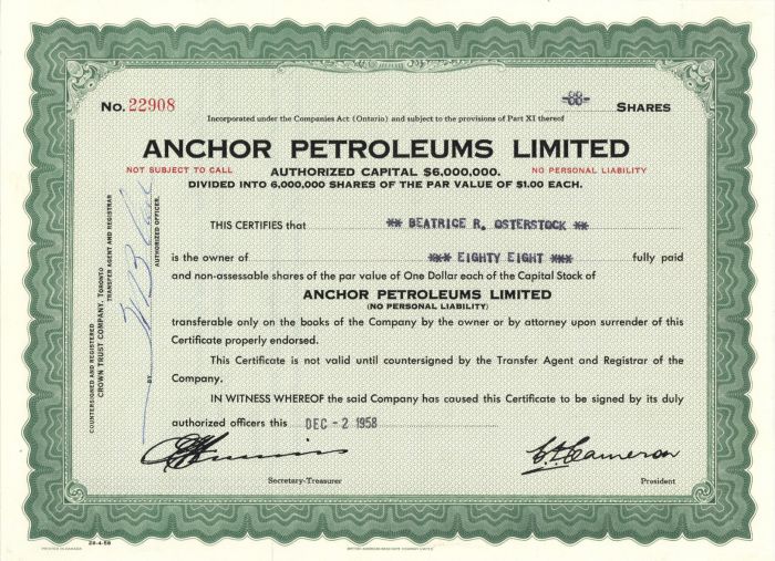 Anchor Petroleums Limited - Canadian Oil Stock Certificate