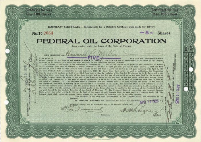 Federal Oil Corporation - Stock Certificate