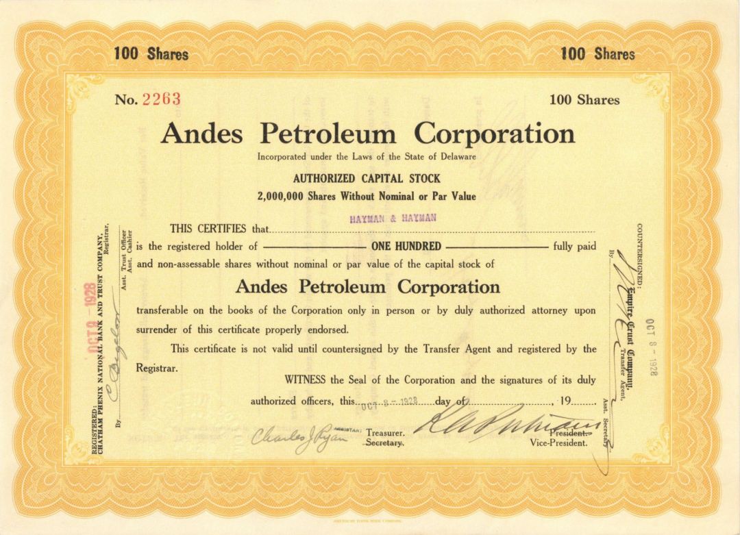 Andes Petroleum Corp. - Stock Certificate