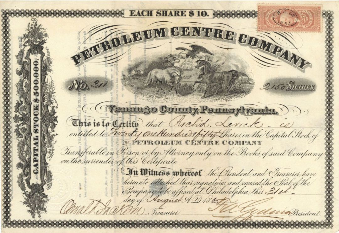 Petroleum Centre  Co. - 1865 dated Stock Certificate