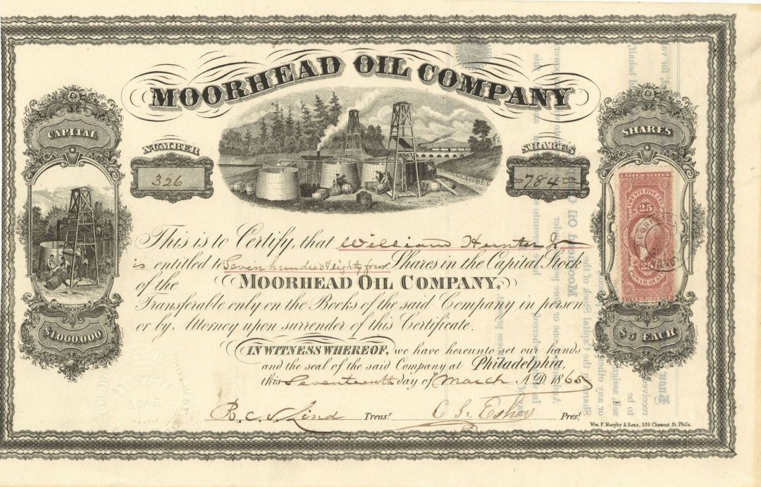 Moorhead Oil Co. - 1865 dated Stock Certificate