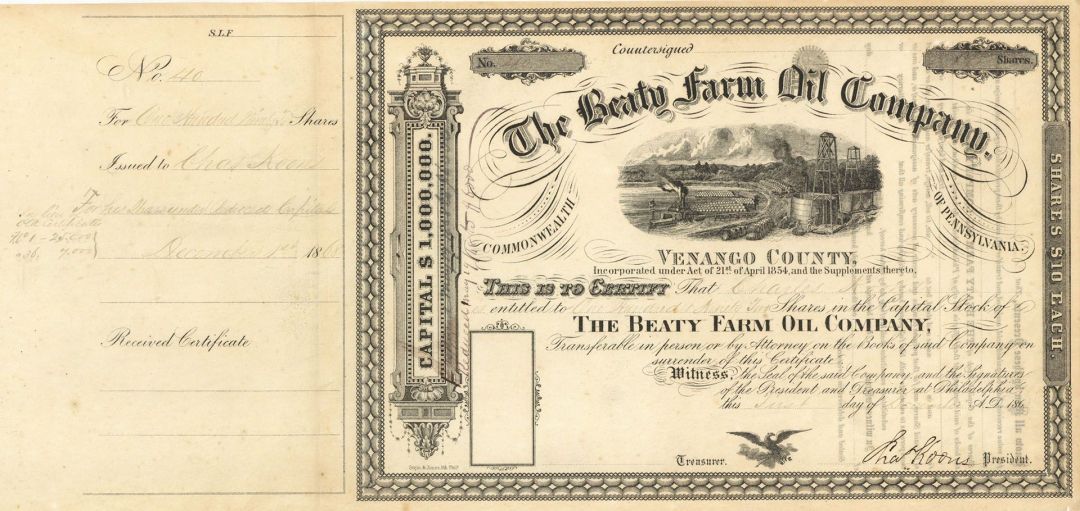 Beaty Farm Oil Co. - 1868 dated Stock Certificate