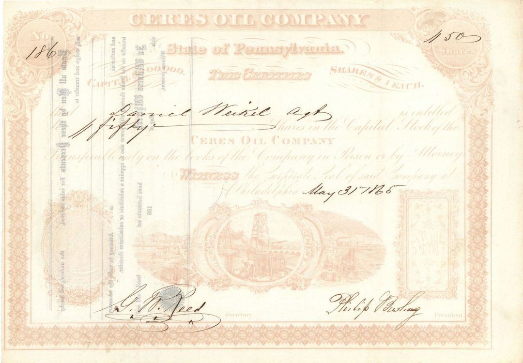 Ceres Oil Co. - 1865 dated Stock Certificate