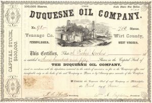 Duquesne Oil Co. - 1866 dated Stock Certificate