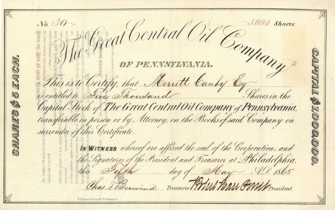 Great Central Oil Co. of Pennsylvania - 1865 dated Stock Certificate