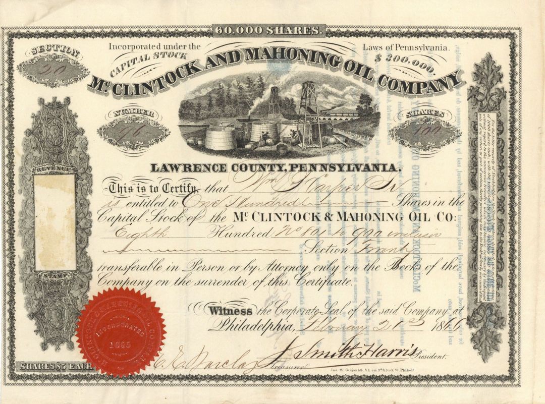 McClintock and Mahoning Oil Co. - 1866 dated Stock Certificate