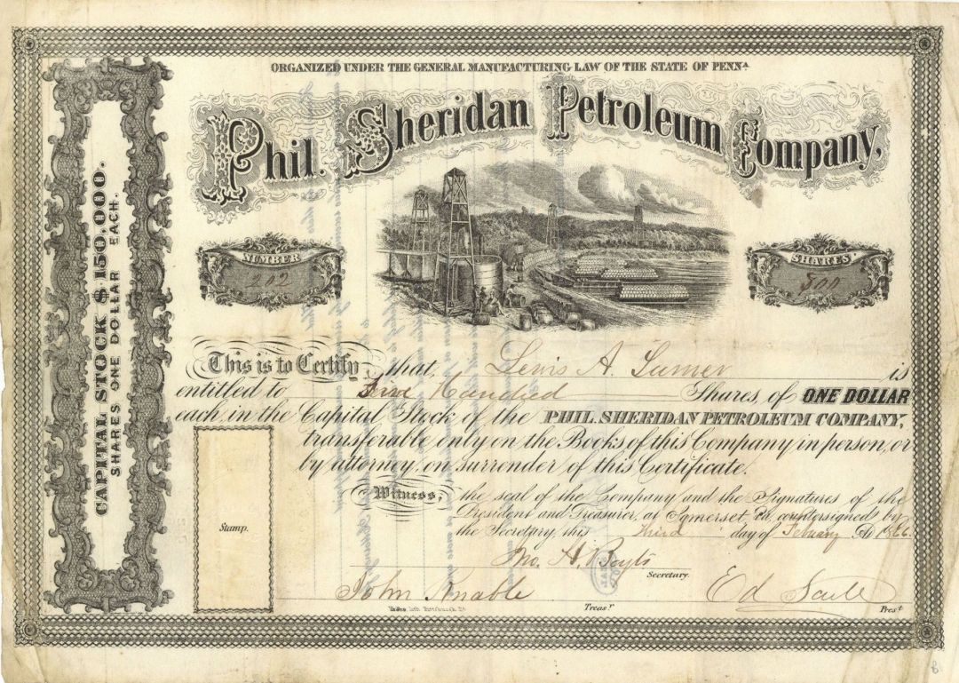 Phil. Sheridan Petroleum Co. - 1866 dated Stock Certificate