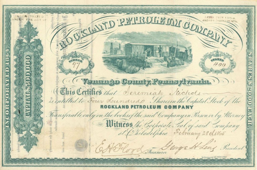 Rockland Petroleum Co. - 1865 dated Stock Certificate