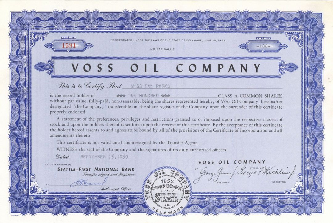 Voss Oil Co. - Stock Certificate