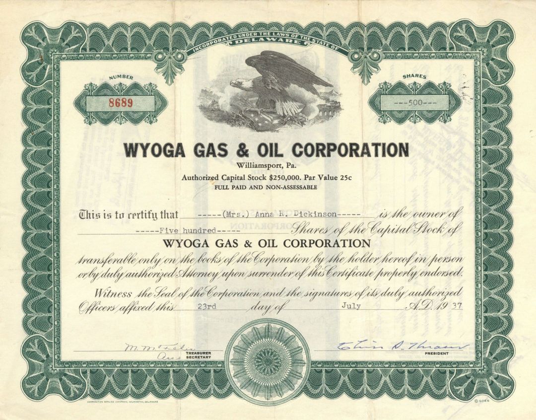 Wyoga Gas and Oil Corp. - Stock Certificate