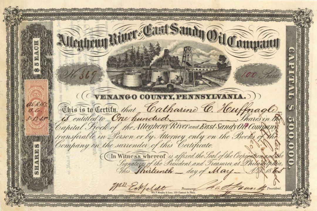 Allegheny River and East Sandy Oil  Co. - 1865 dated Stock Certificate