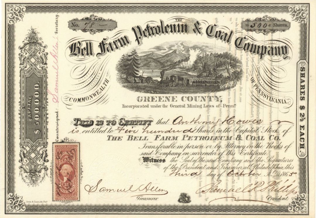 Bell Farm Petroleum and Coal Company - 1865 dated Stock Certificate