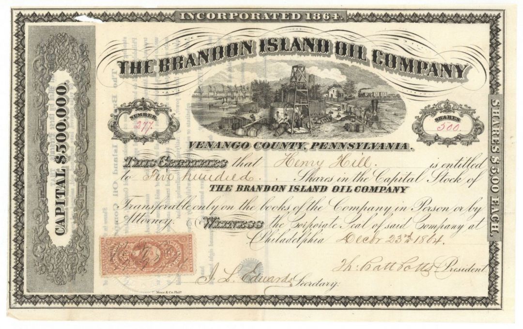 Brandon Island Oil Company - 1864 dated Stock Certificate