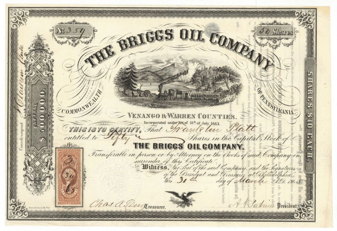 Briggs Oil Company - 1865 dated Stock Certificate