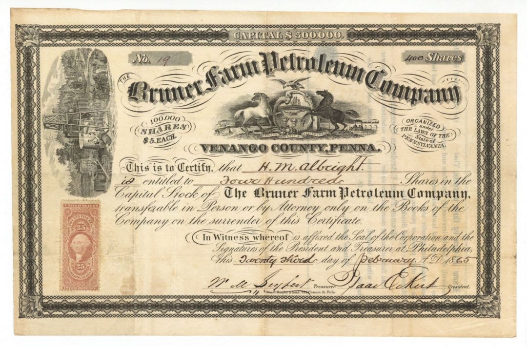 Bruner Farm Petroleum Company - 1865 dated Stock Certificate