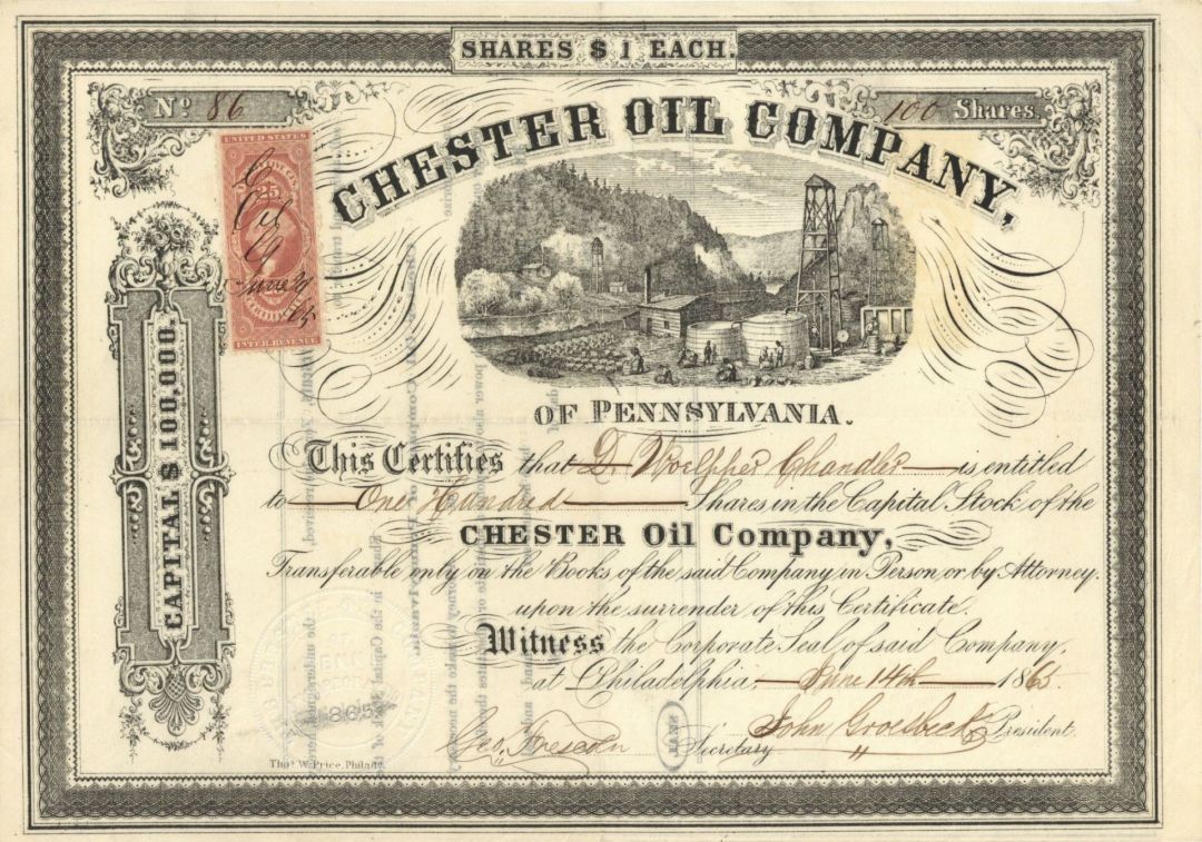 Chester Oil Co. of Pennsylvania - 1865 dated Stock Certificate