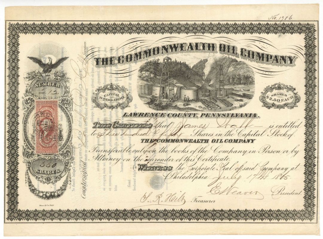 Commonwealth Oil Co. - 1865 dated Stock Certificate