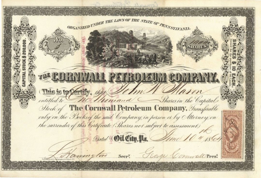 Cornwall Petroleum Co. - 1864 dated Stock Certificate