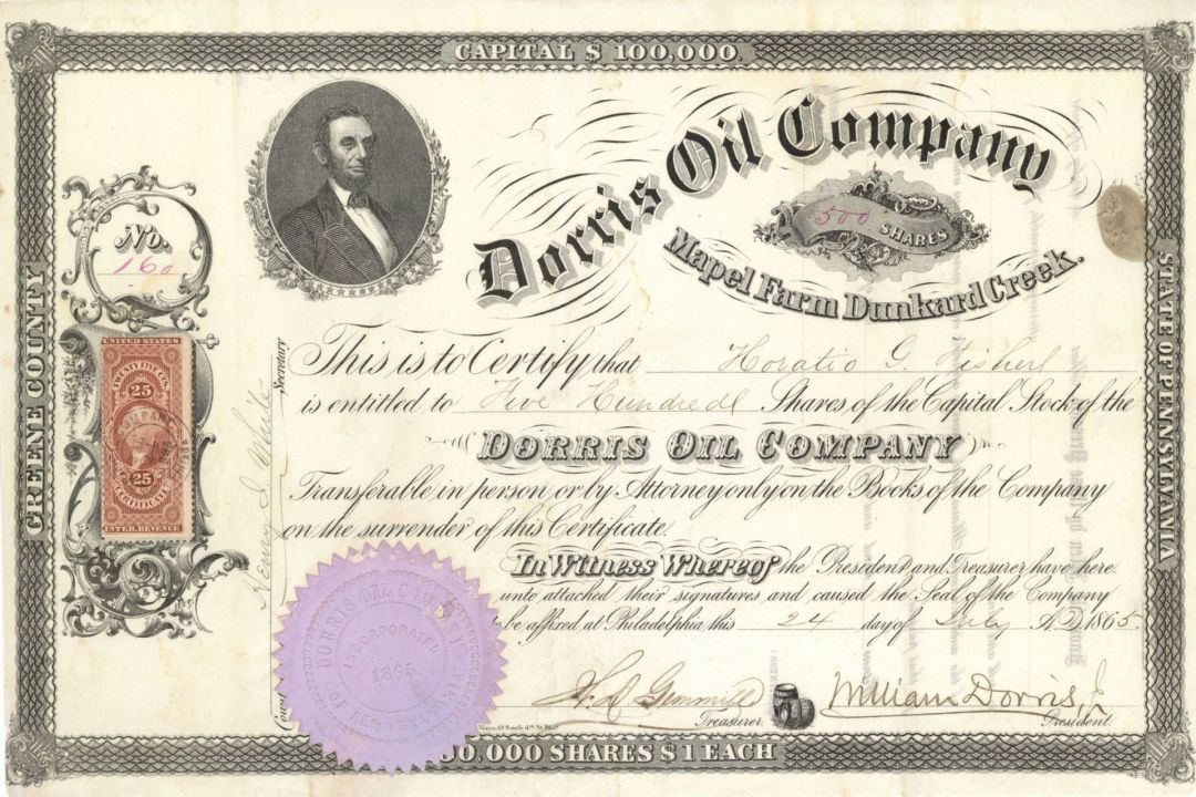 Dorris Oil Co. - 1865 dated Stock Certificate